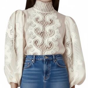 🥥EUC🥥 Ballon Sleeve Lace Inset High-Neck Tie Collar Blouse, Size Medium